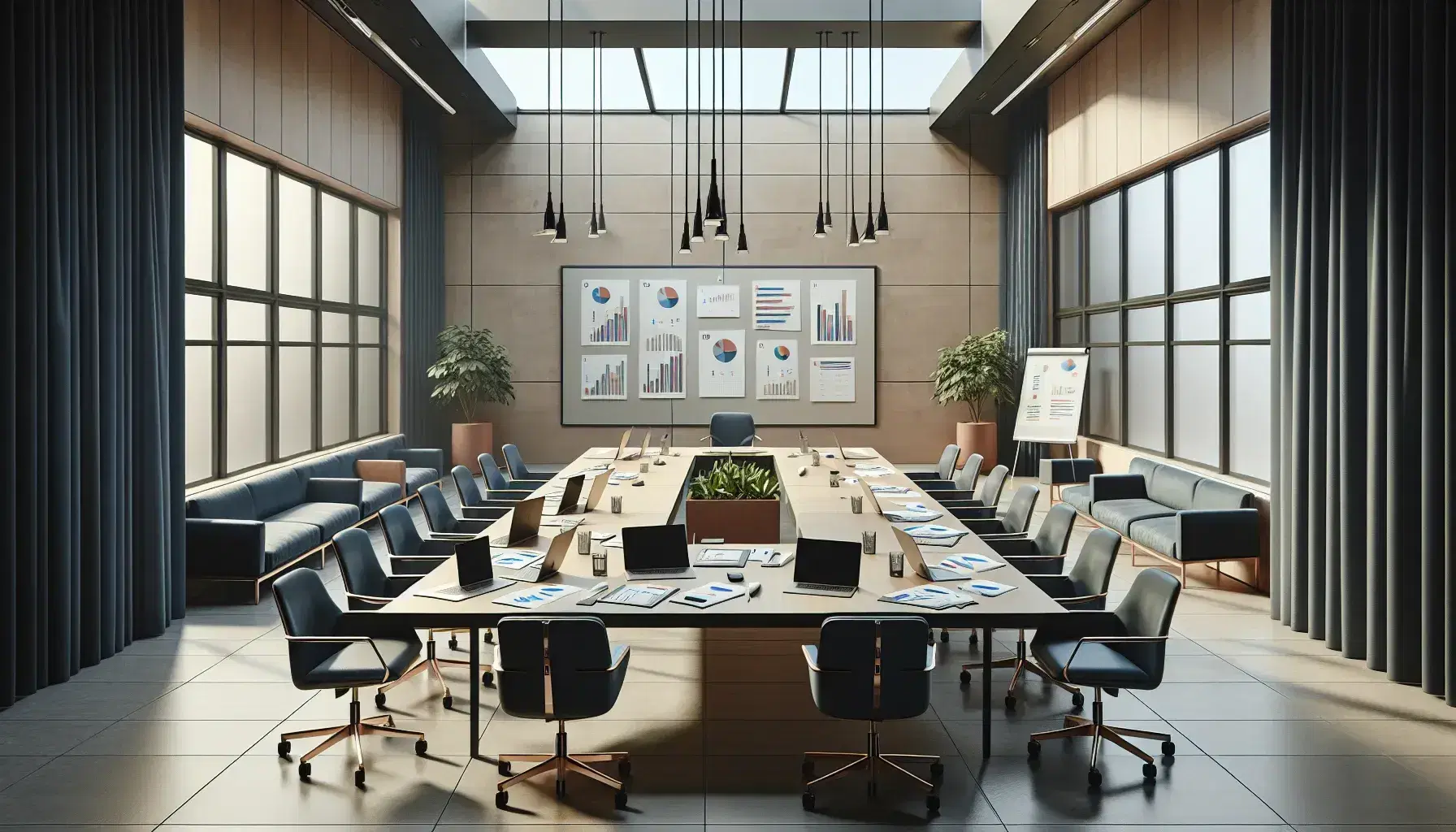 Sala de reuniones corporativa con mesa rectangular, sillas ergonómicas azules, laptops y tablets apagados, gráficos impresos, pizarra blanca y planta en maceta.