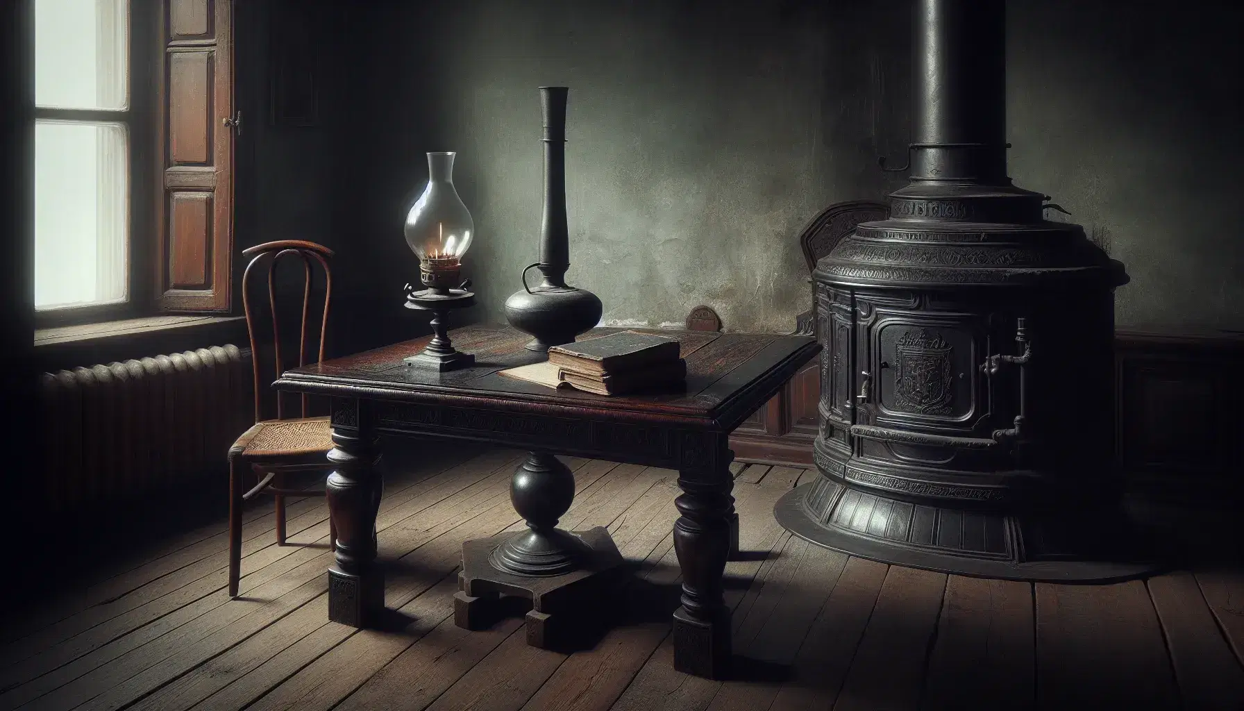 Dimly lit 19th-century Russian parlor with a carved mahogany table, unlit oil lamp, leather-bound book, woven rattan chair, and ornate cast-iron stove.