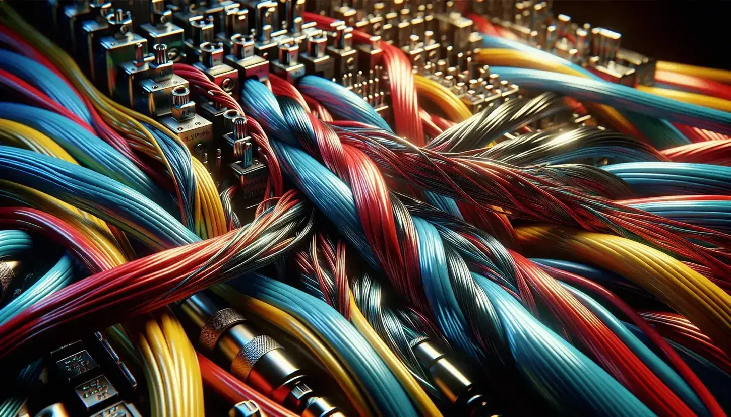 Cables eléctricos entrelazados en colores rojo, azul, amarillo y negro con extremos pelados mostrando metal conductor, sobre fondo desenfocado de panel eléctrico.