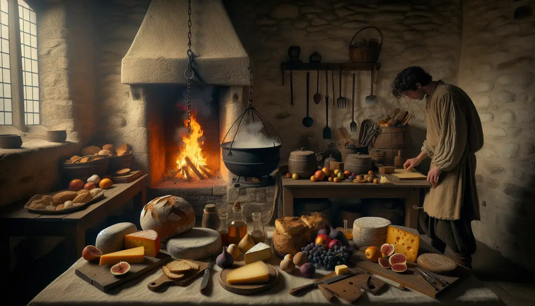 Cucina medievale con focolare acceso, calderone bollente, tavola imbandita di cibo, uomo che impasta e cane attento.