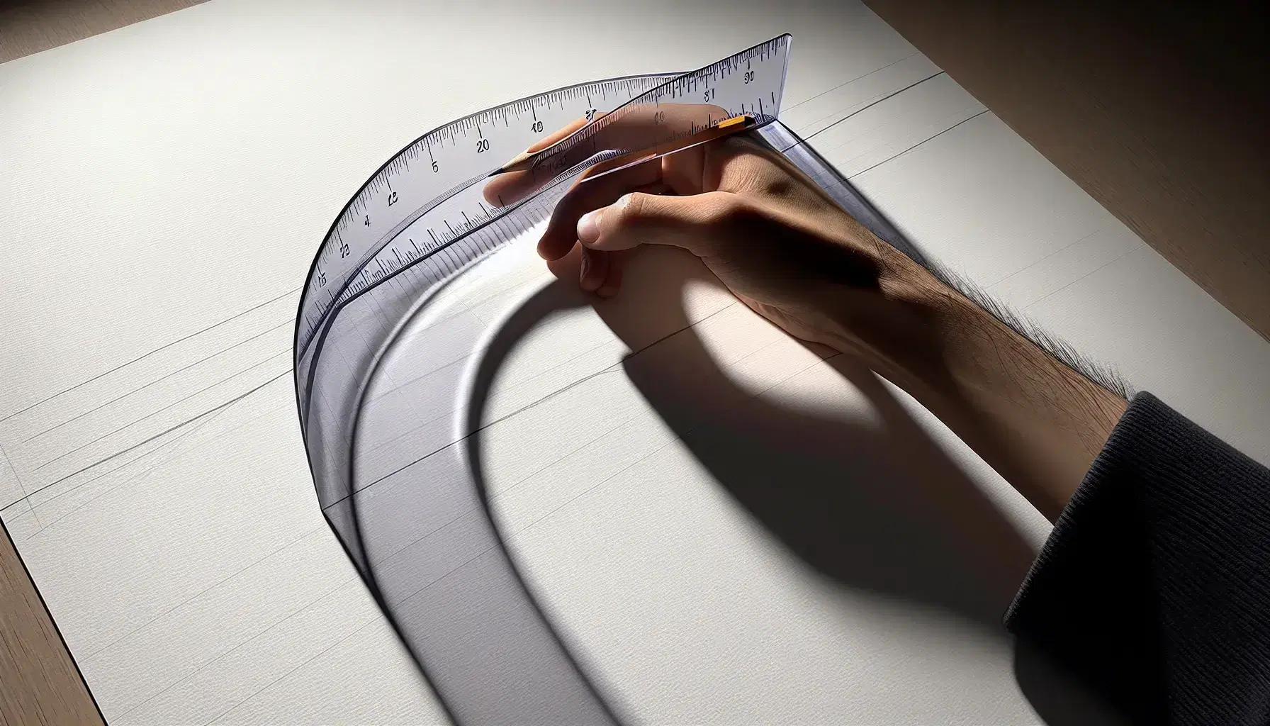 Close-up of a hand holding a transparent ruler on white paper with a pencil-drawn curve, indicating measurement or drafting activity.