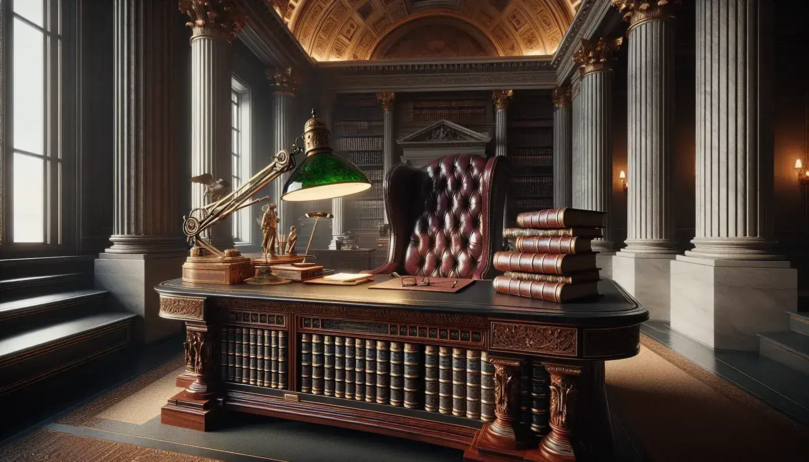 Elegant neoclassical room with polished wooden desk, vintage brass lamp, red velvet chair, floor-to-ceiling windows, and marble floor.