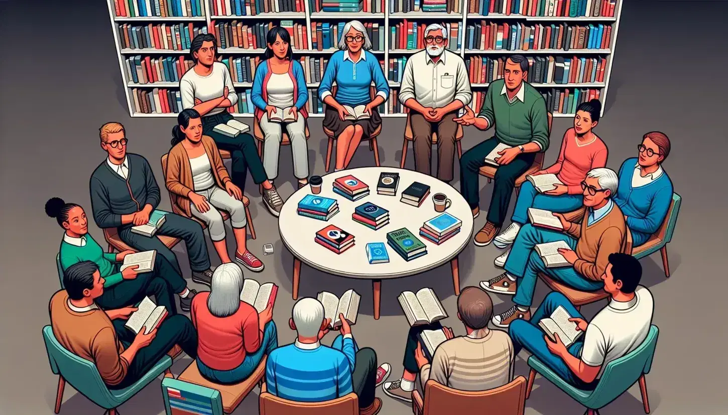 Diverse book club members engaged in animated discussion around a coffee table with solid-colored book covers, in a cozy room with colorful bookshelves.