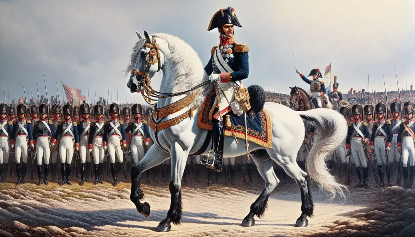 Generale storico a cavallo in uniforme militare blu e oro, comanda truppe in formazione sotto cielo azzurro.