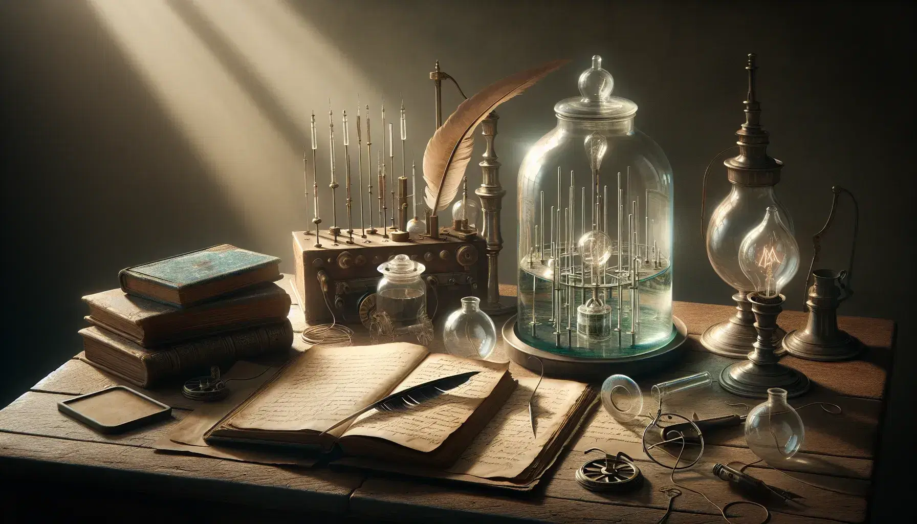 Vintage-inspired tableau featuring Benjamin Franklin's inventions with a glass jar electrical experiment, illustrated book, quill and inkwell, parchment, compass, and eyeglasses on a wooden desk.