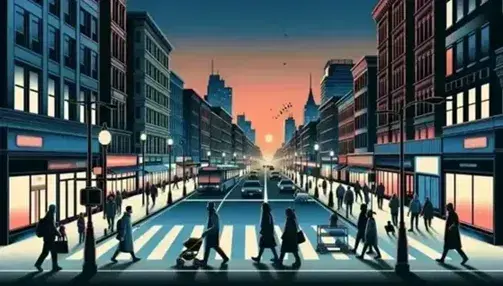 Urban street scene at dusk with pedestrians, a stroller, a dog on a leash and traffic on a road with a green light, next to a park.