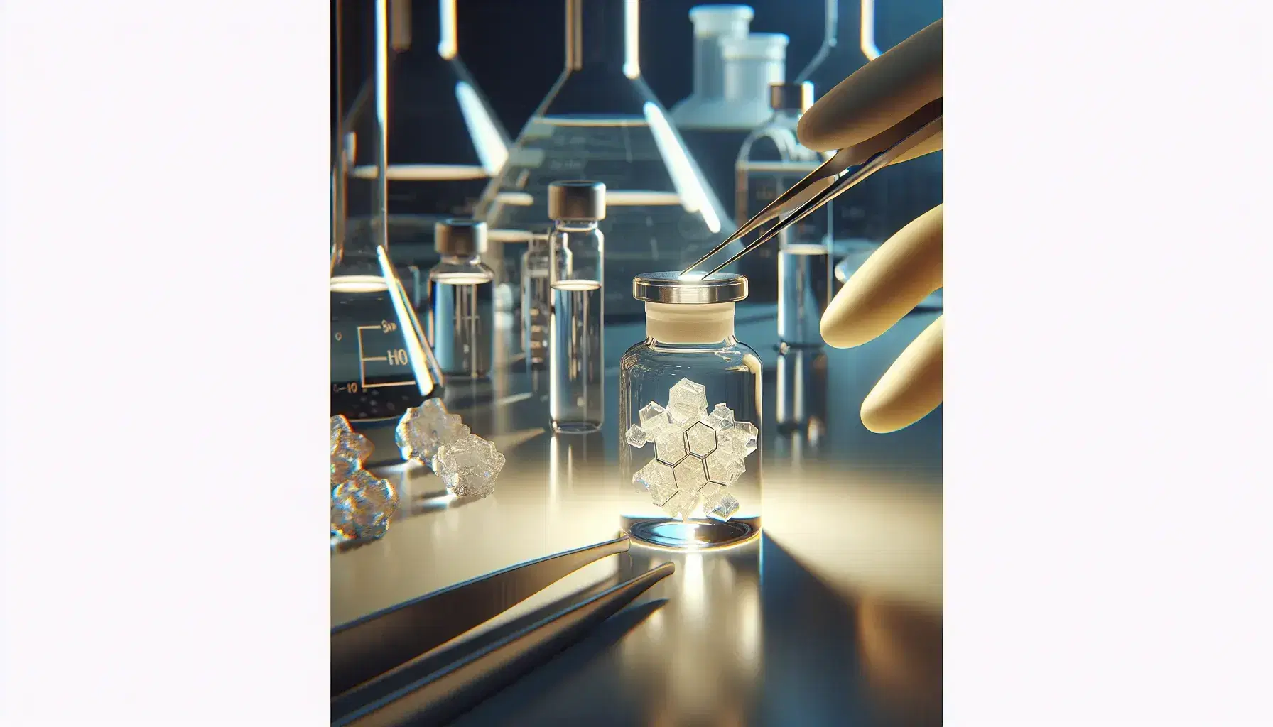 Glass vial with pale yellow crystals on reflective surface, metallic tweezers and spatula on the left, gloved hand on the right, laboratory glassware in the blurred background.