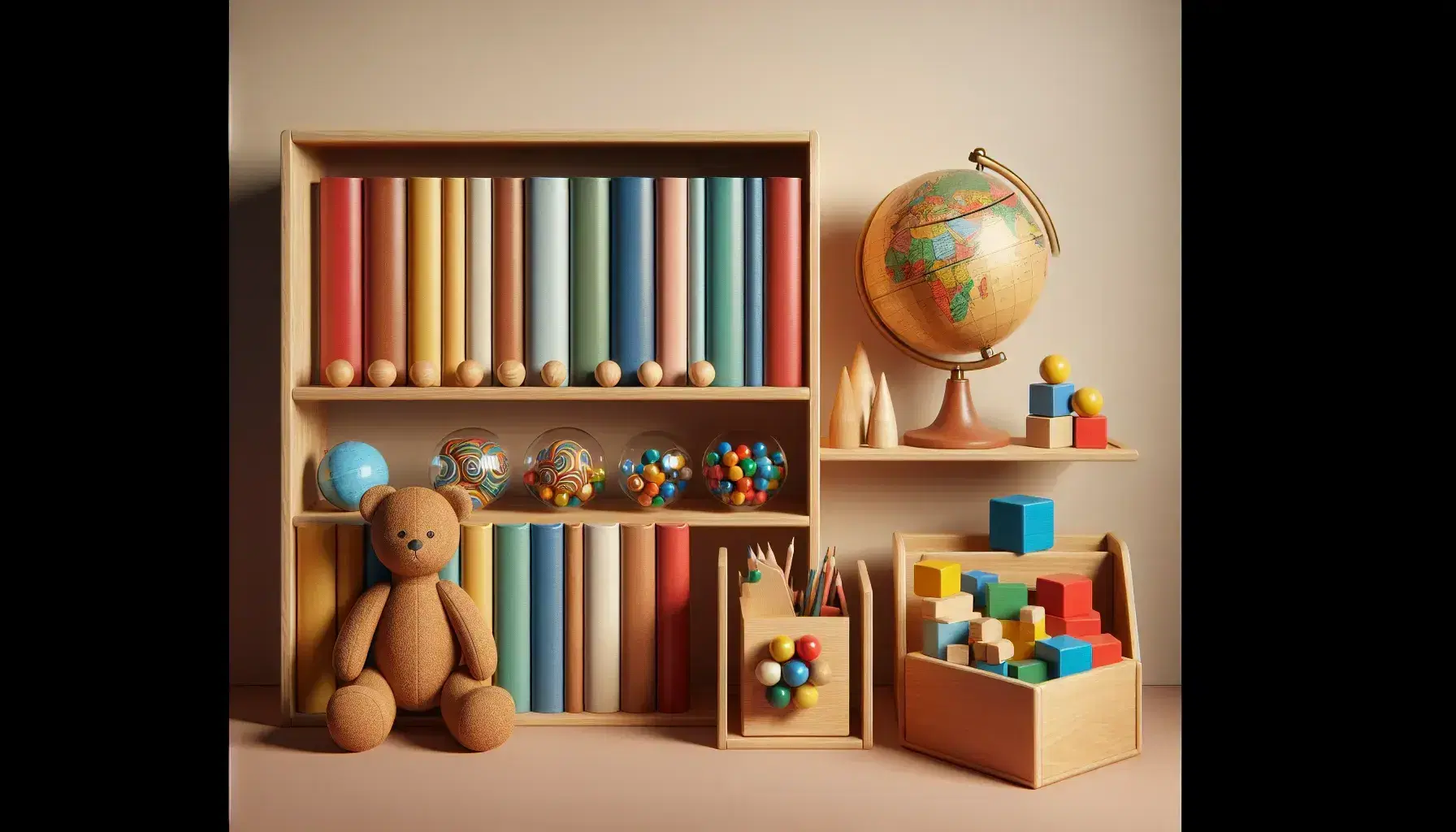 Estantería de madera con libros de tapa dura, globo terráqueo, figuras geométricas de madera, planta en maceta y caja con canicas y juguetes.