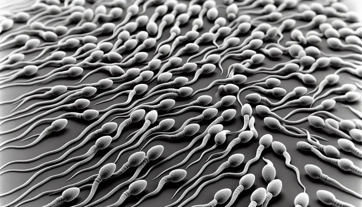 Microscopía electrónica de esperma humano mostrando estructuras alargadas con cabezas ovaladas y colas filamentosas sobre superficie lisa en tonos de gris.
