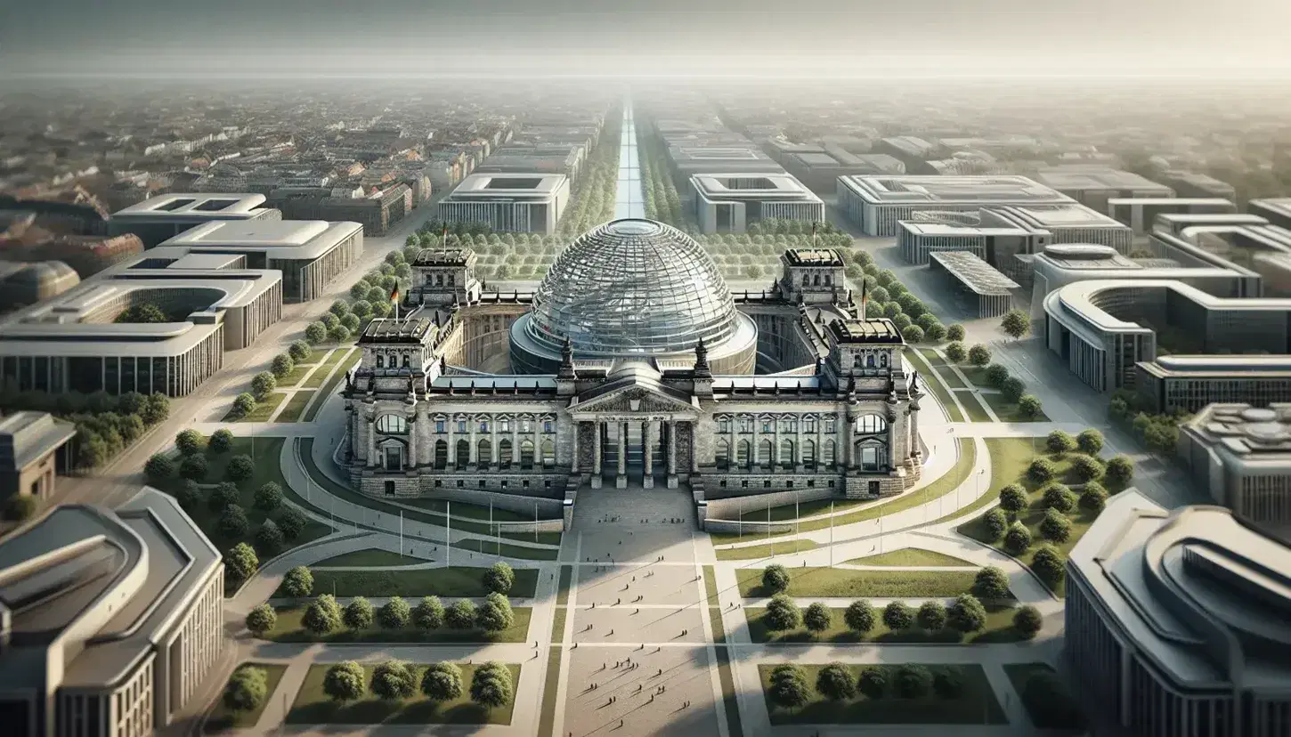 Vista aerea del palazzo del Reichstag a Berlino con cupola di vetro, circondato da giardini verdi e persone che passeggiano.
