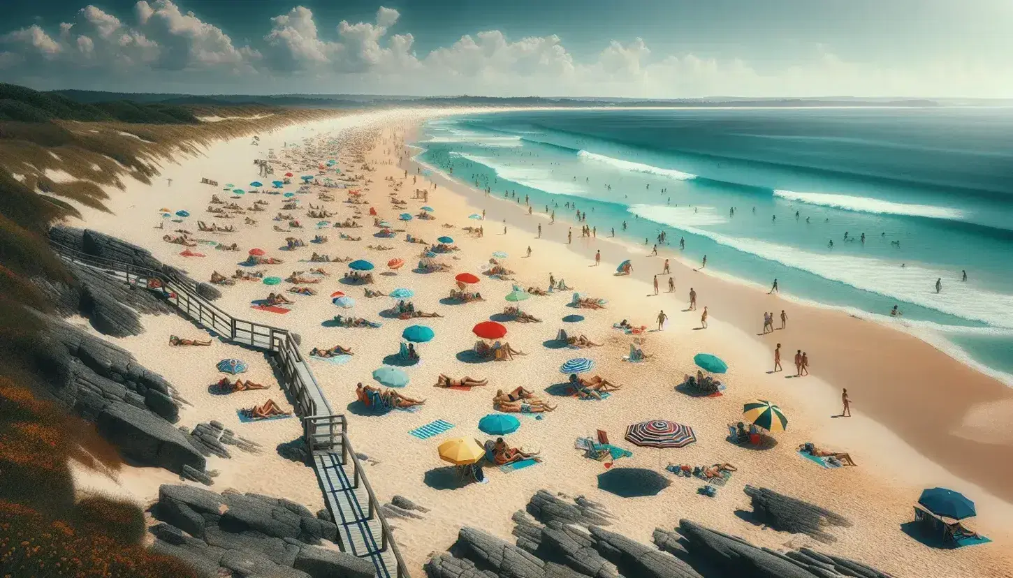 Playa soleada con arena fina y olas suaves, sombrillas coloridas, personas disfrutando del sol y un camino de madera, bajo un cielo despejado.