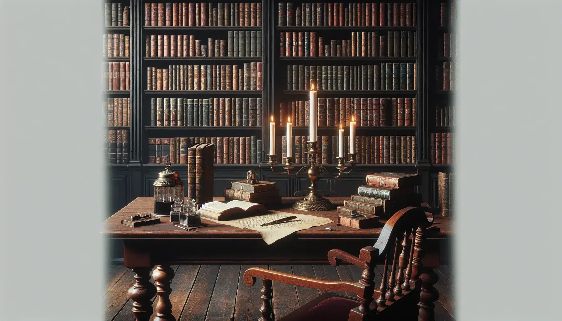 Biblioteca antigua con estantes de madera oscuros llenos de libros, mesa con candelabro de bronce y silla con tapizado rojo, suelo de madera y alfombras persas.