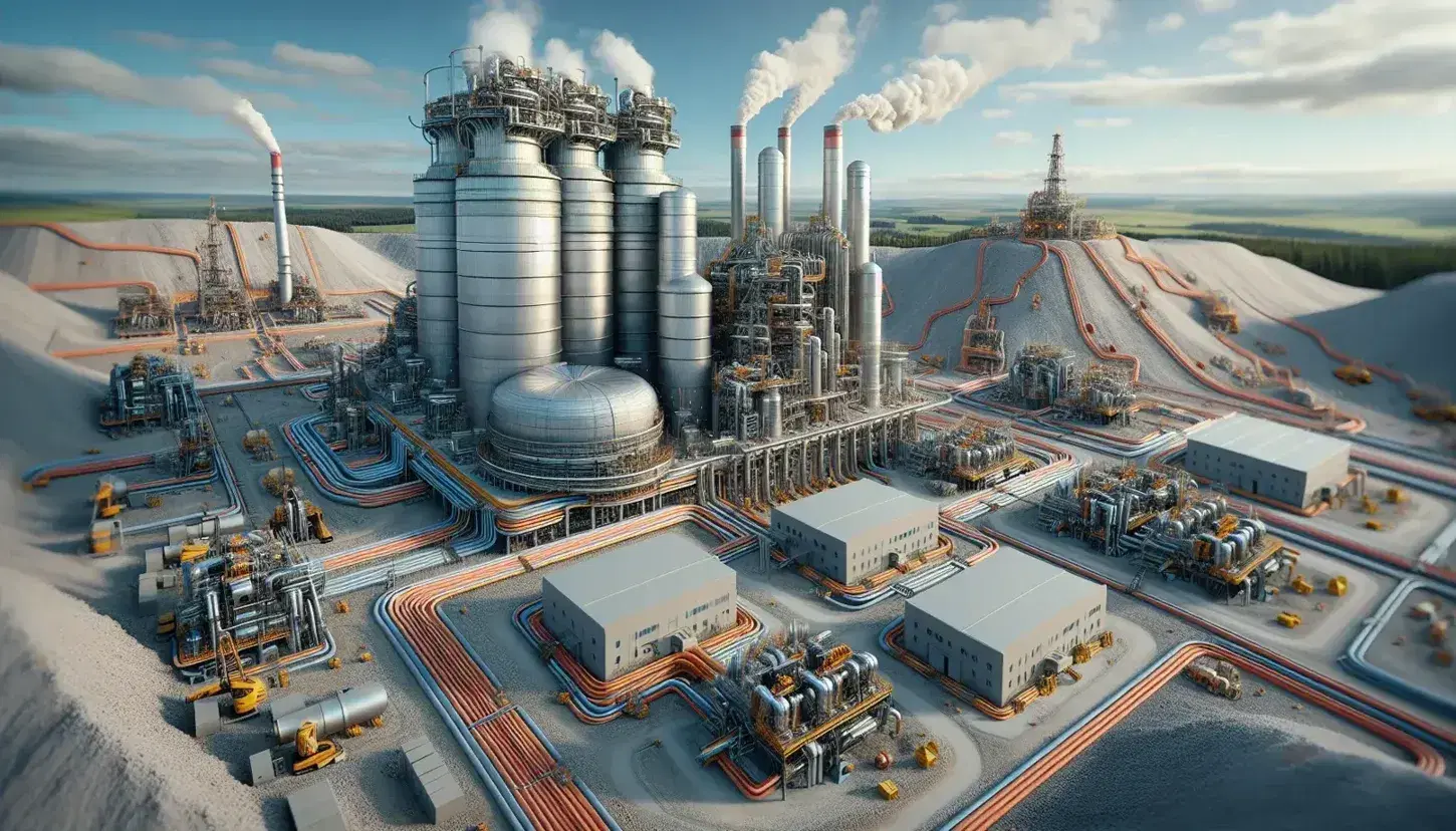 Geothermal power plant with silver turbines, red and orange pipes, drilling rigs and hilly landscape under a clear blue sky.