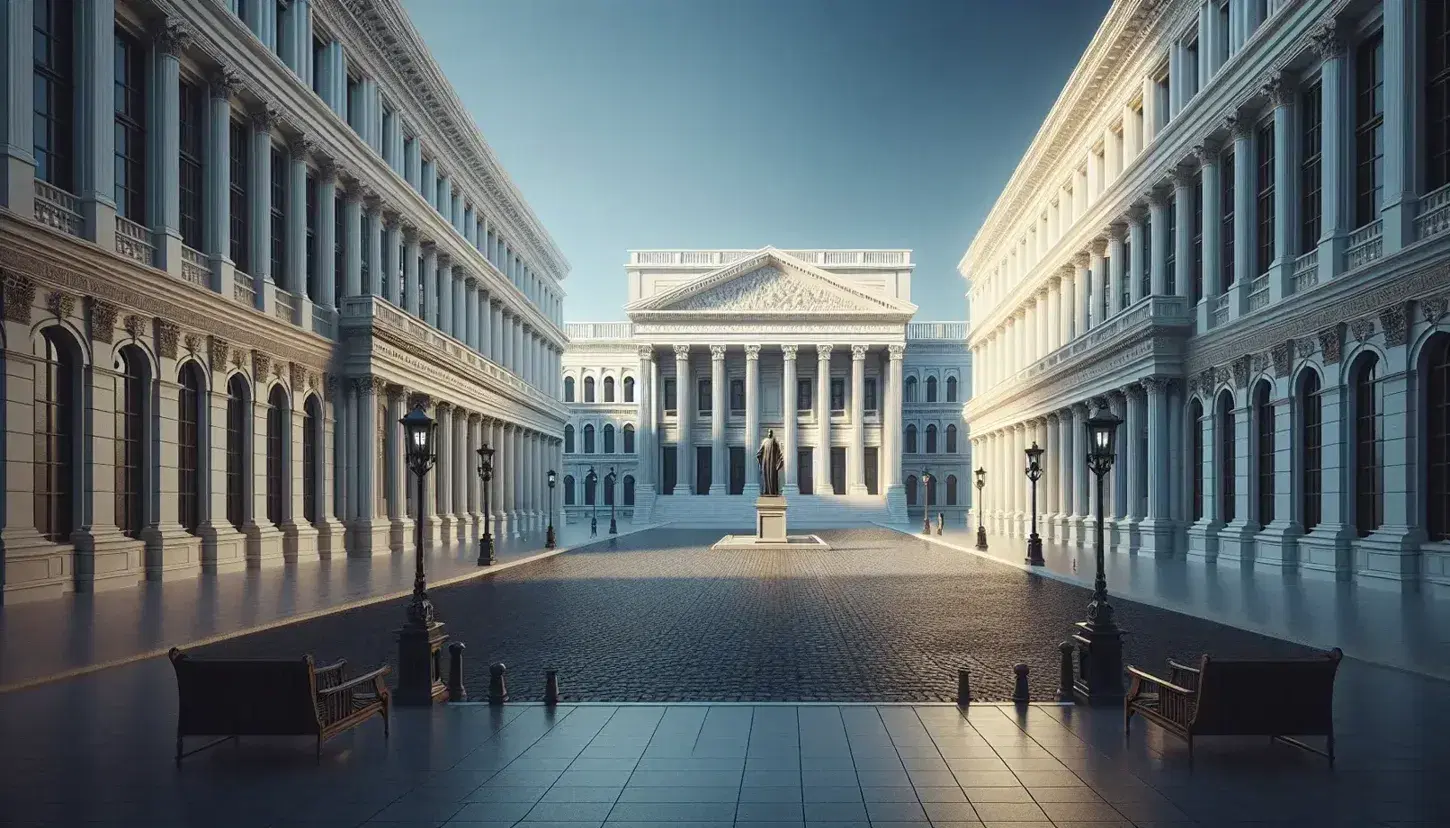 Edificios clásicos con columnas y pedimento en plaza adoquinada, estatua de bronce al centro y bancas de madera, bajo cielo azul despejado.