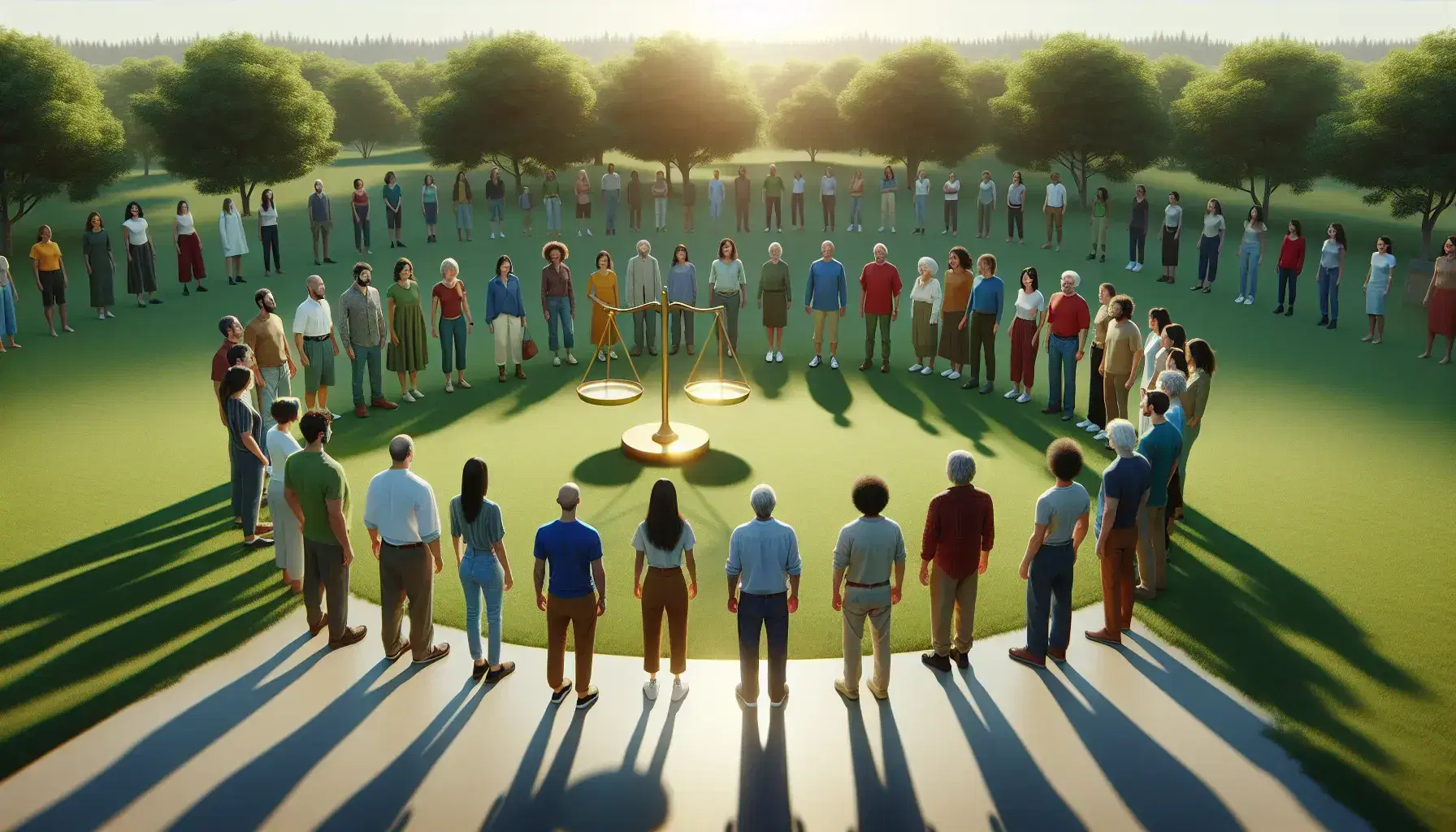 Grupo diverso de personas en círculo alrededor de una balanza dorada equilibrada en un parque soleado, reflejando seriedad y contemplación.