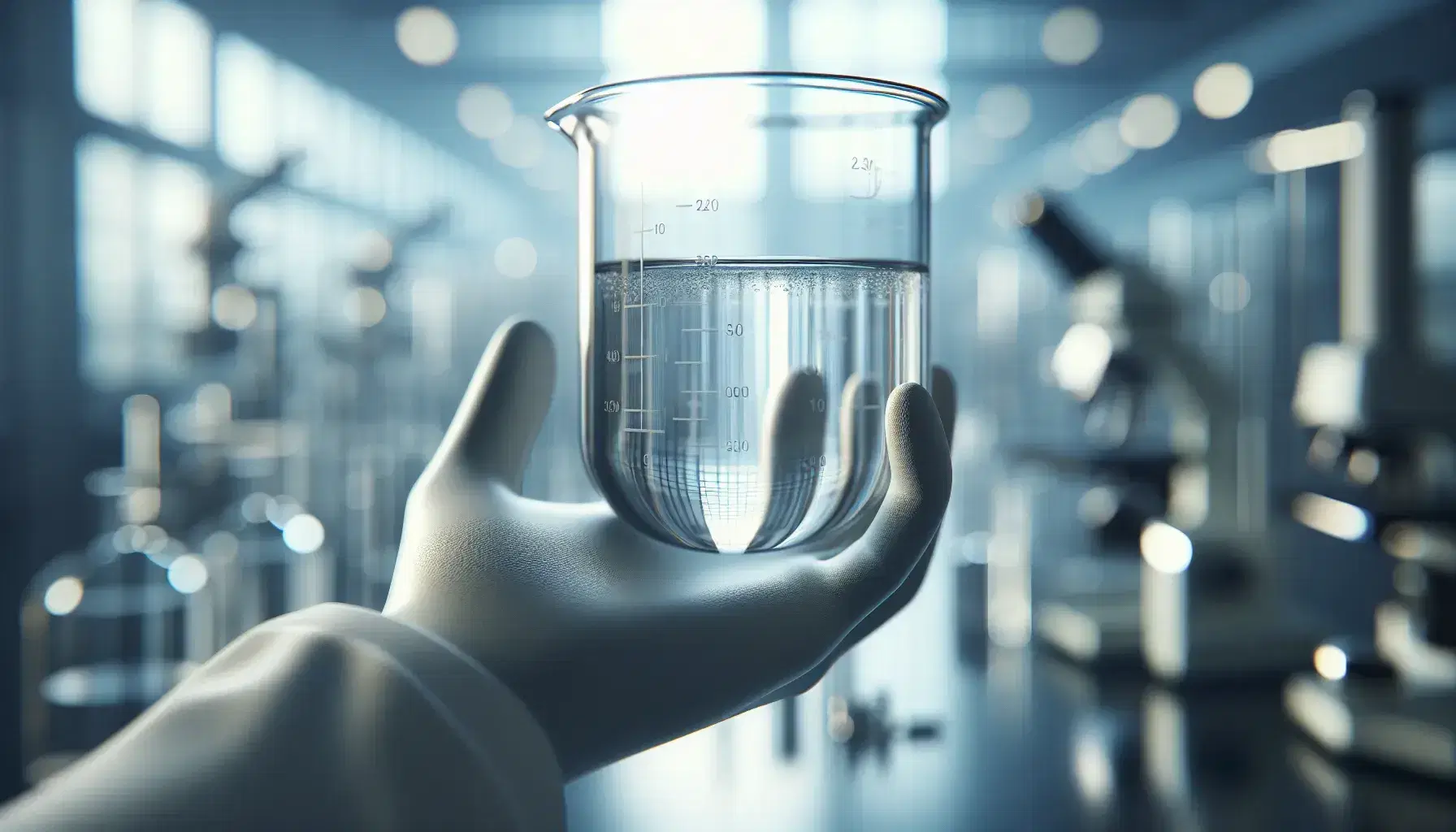 Scientist's gloved hand holding a beaker with clear liquid in a blurred laboratory background, reflecting soft light and showcasing surface tension.