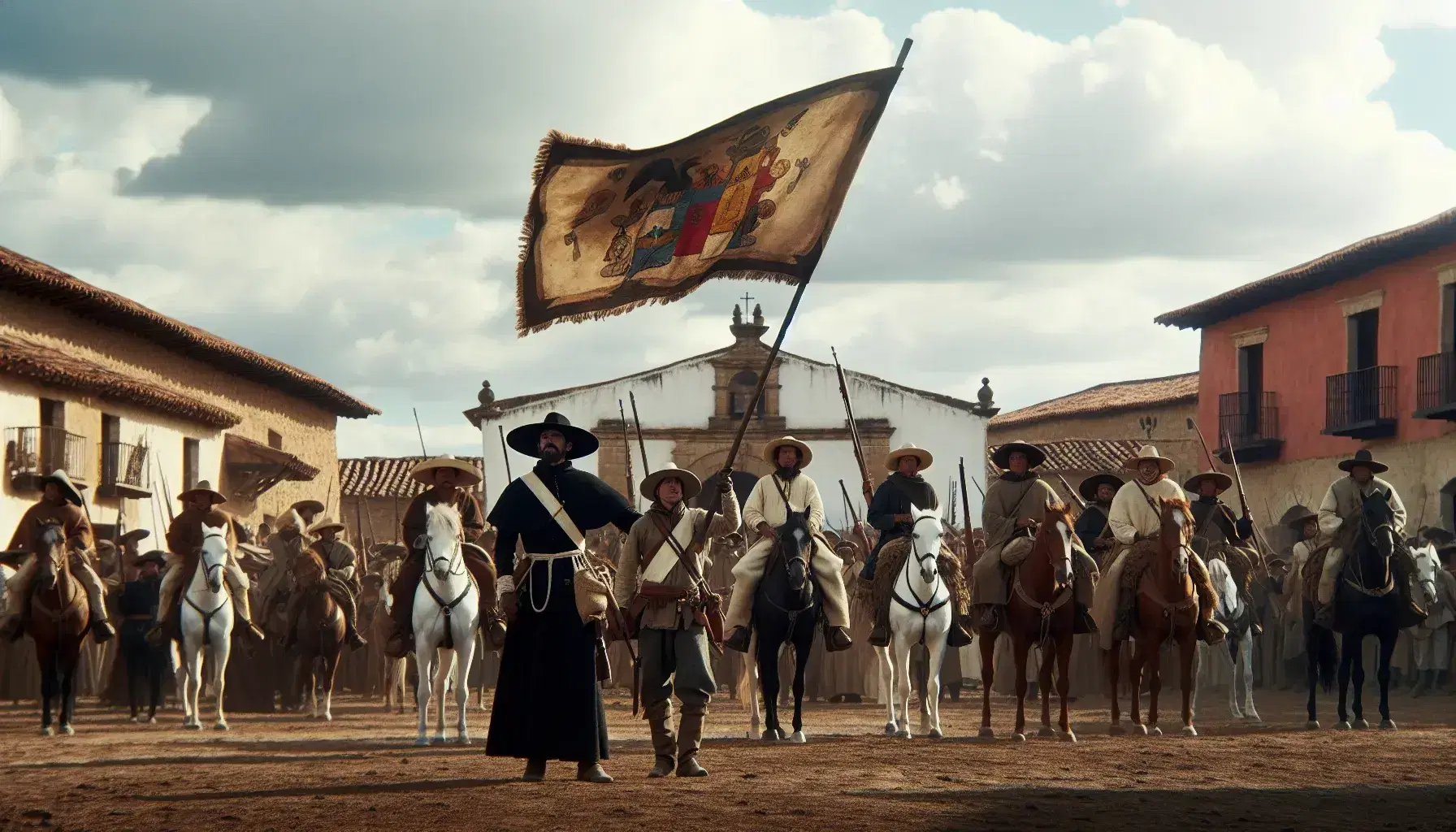 Grupo de personas en vestimenta colonial con un hombre en sotana negra alzando una bandera, rodeado de jinetes y peatones armados en un entorno de arquitectura colonial.
