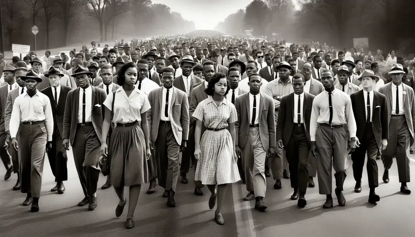 Civil Rights Movement protesters march in unity, with a young woman at the center, flanked by men, against a backdrop of trees and a clear sky.