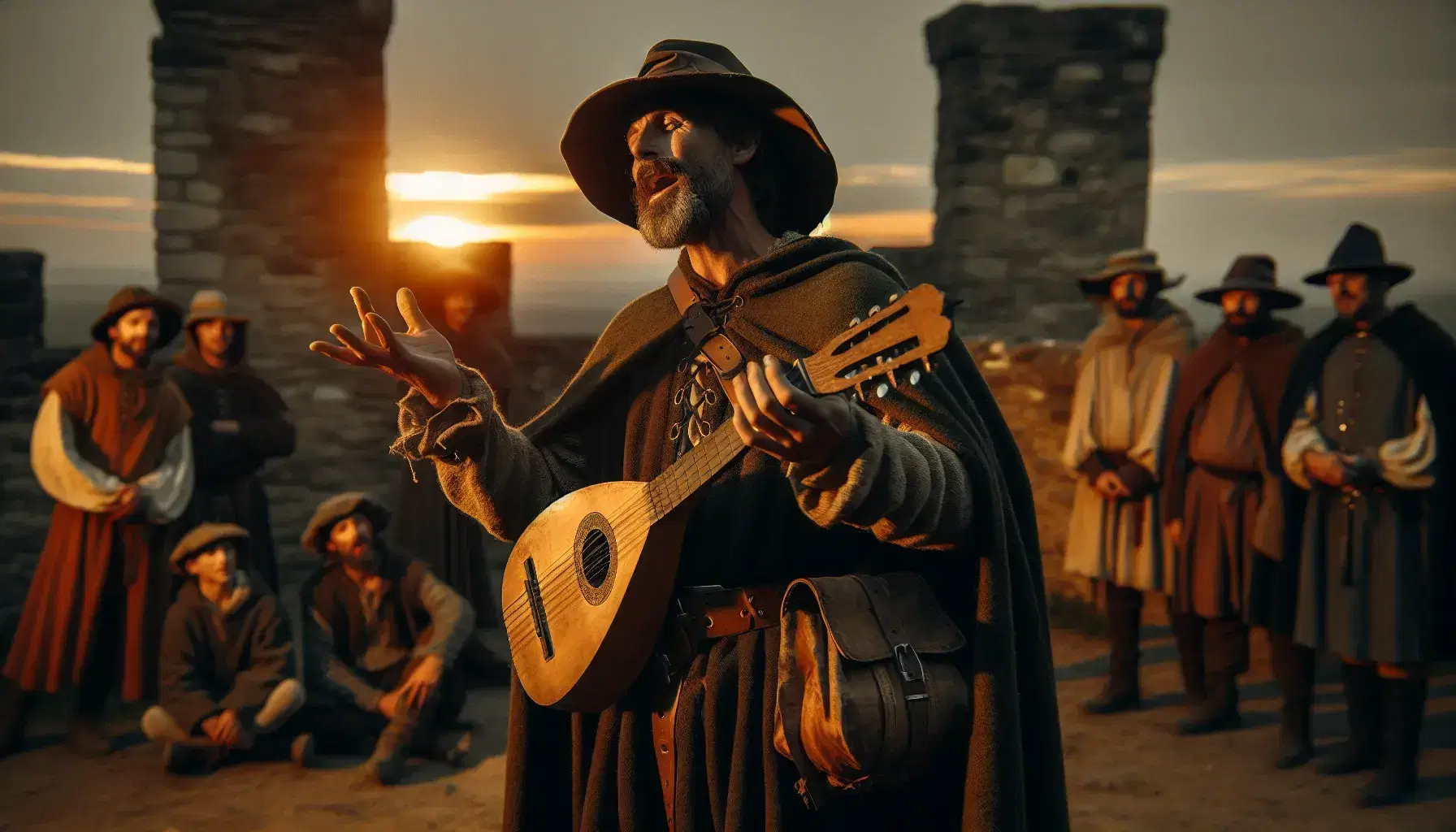Bufón medieval tocando laúd y narrando historias al atardecer ante un público atento, con un castillo de fondo y un cielo en tonos cálidos.