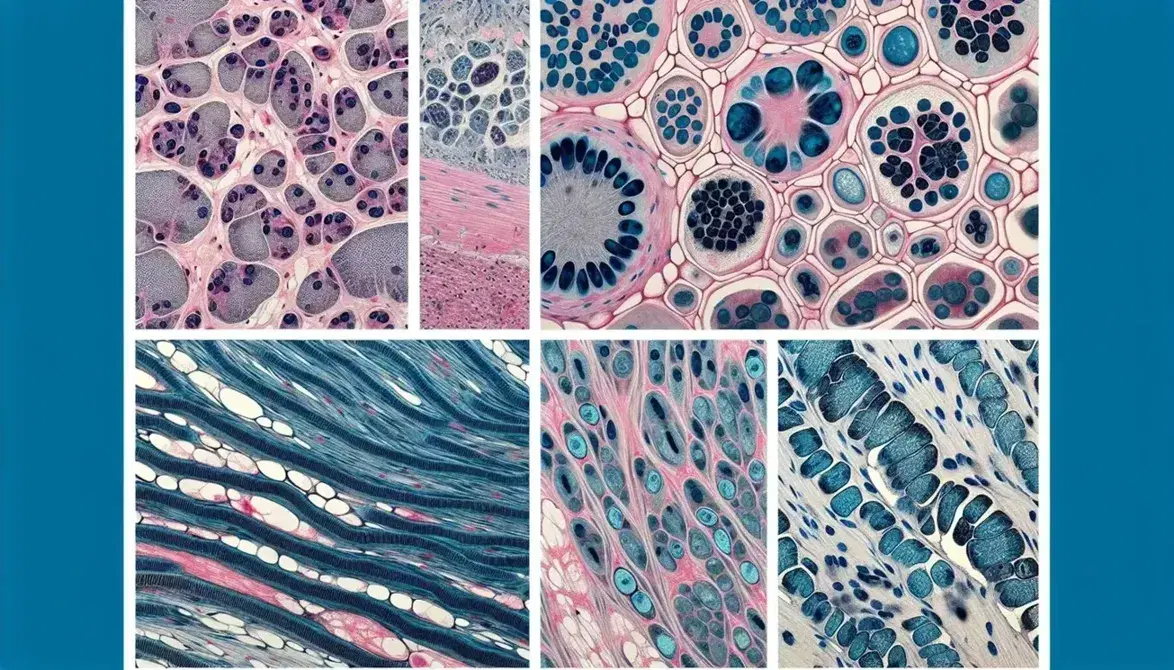 Vista microscópica de tejidos humanos con células epiteliales, tejido conectivo con fibras de colágeno, músculo estriado y tejido nervioso con neuronas.