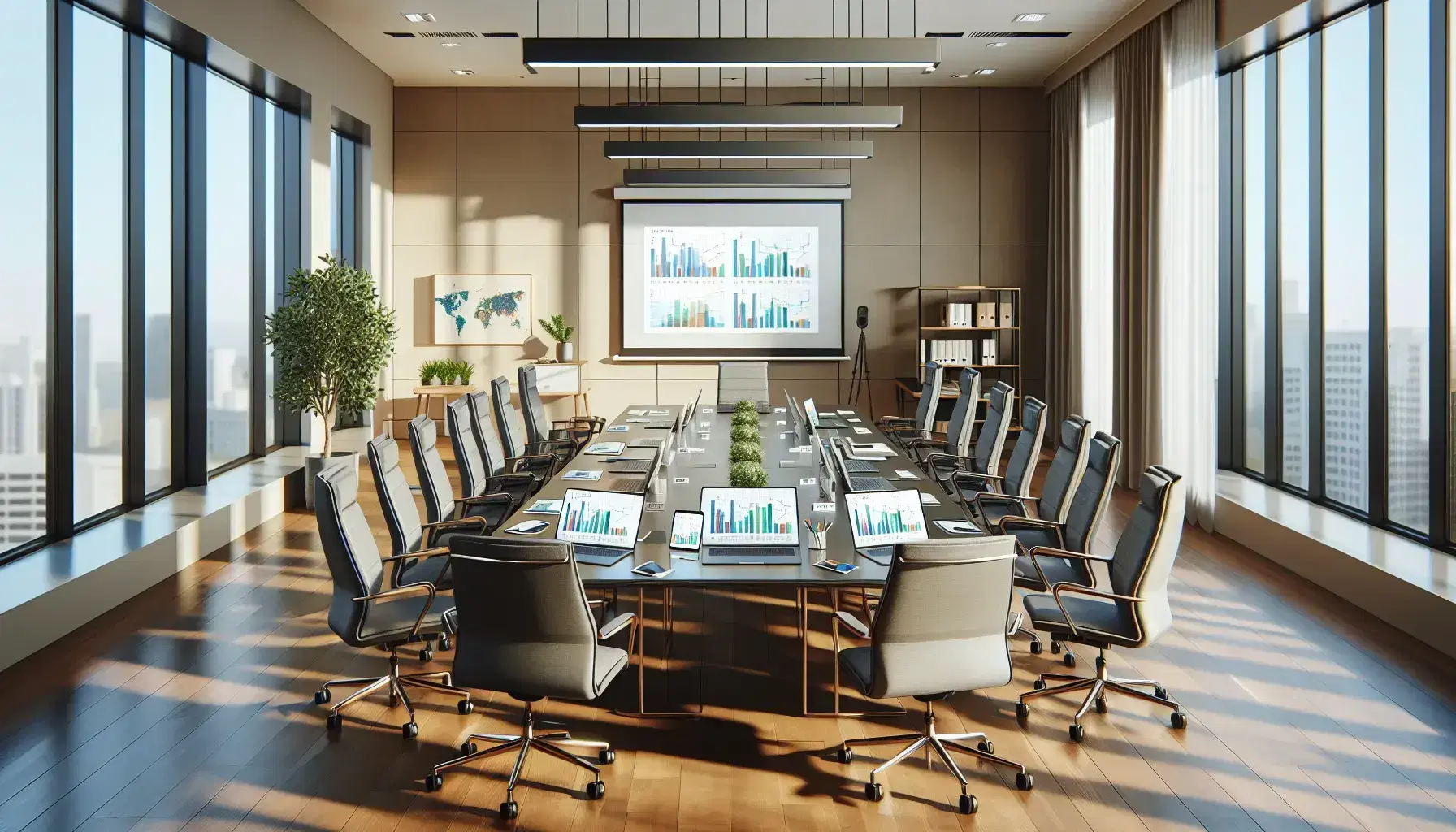 Sala de reuniones amplia con mesa rectangular, sillas ergonómicas grises, laptops con gráficos, plantas y vista al exterior.