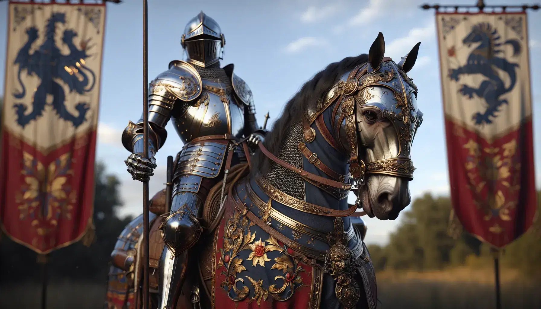 Cavaliere medievale in armatura lucente su cavallo adornato, impugna lancia, sfondo naturale con alberi e cielo azzurro.