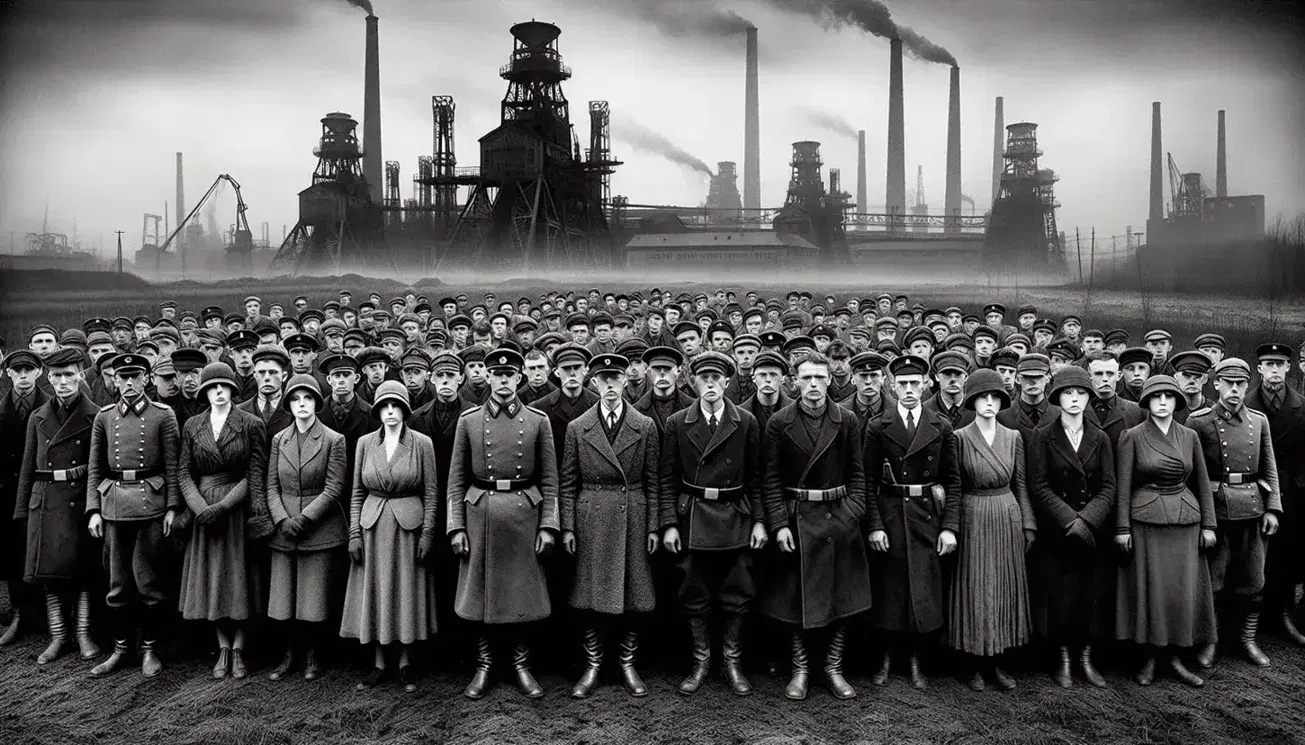 Early 20th-century photo showing solemn German civilians and French soldiers in WWI uniforms, against a backdrop of idle industrial factories.