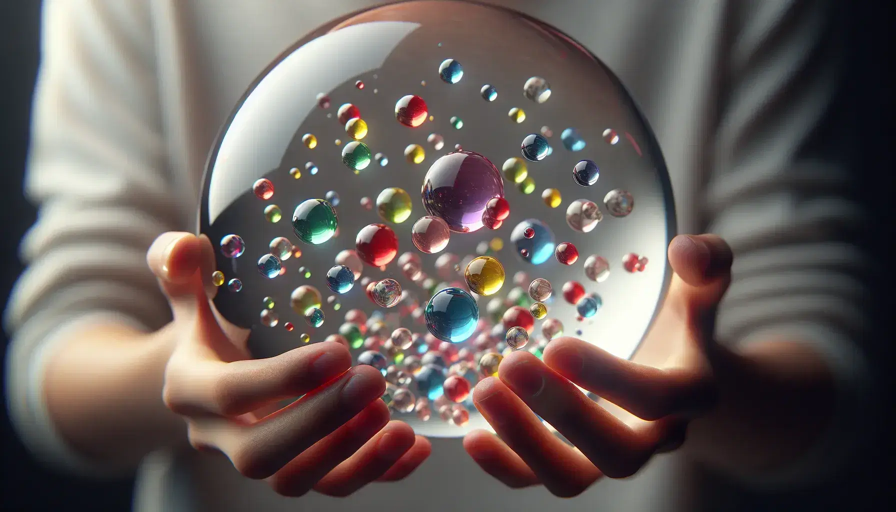 Hands cradling a clear glass sphere containing colorful, floating mini spheres in red, blue, green, yellow, and purple against a soft-focus background.