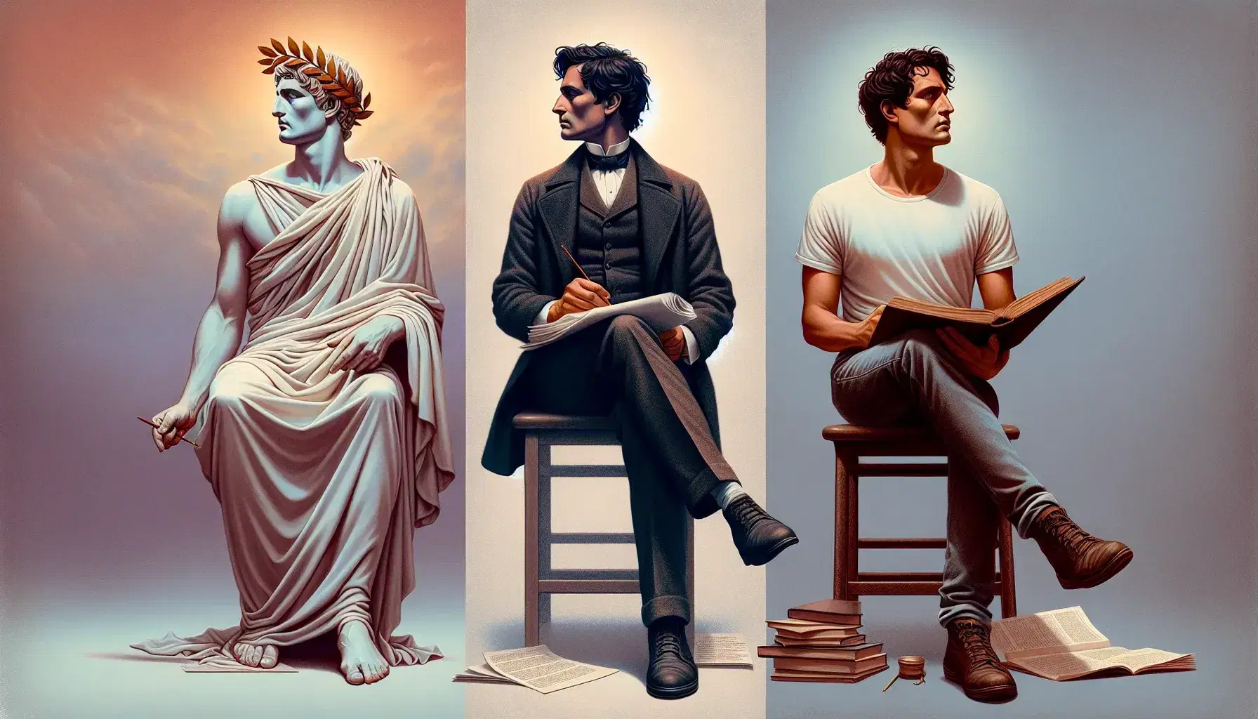 Tre figure umane rappresentano l'evoluzione del poeta: un antico in toga, un pensieroso del XIX secolo e un moderno in jeans, su sfondo di città in trasformazione al tramonto.