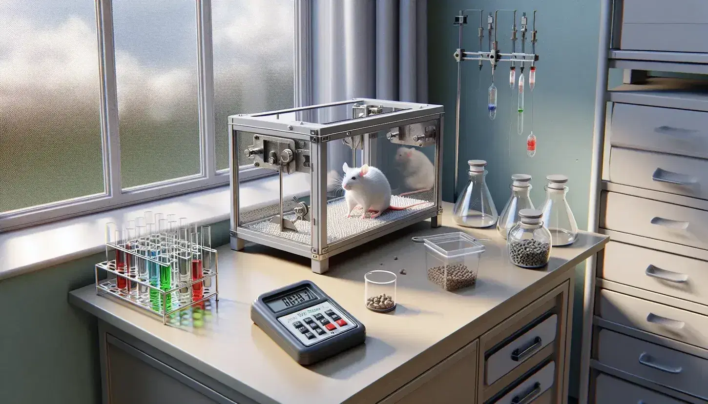 Laboratorio di psicologia sperimentale con ratto bianco in una scatola di Skinner che preme una leva accanto a contenitore di cibo.