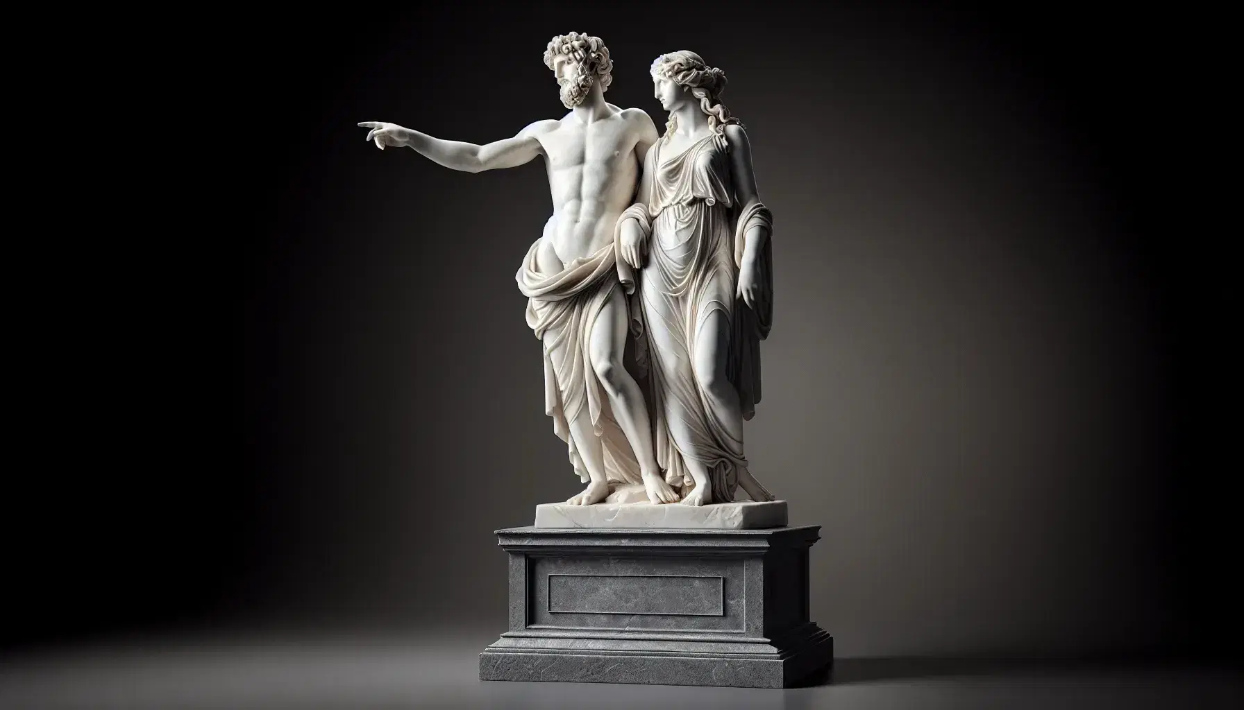 Scultura in marmo bianco di Deucalione e Pirra, lui con barba e toga, lei con abito elegante, su piedistallo grigio.