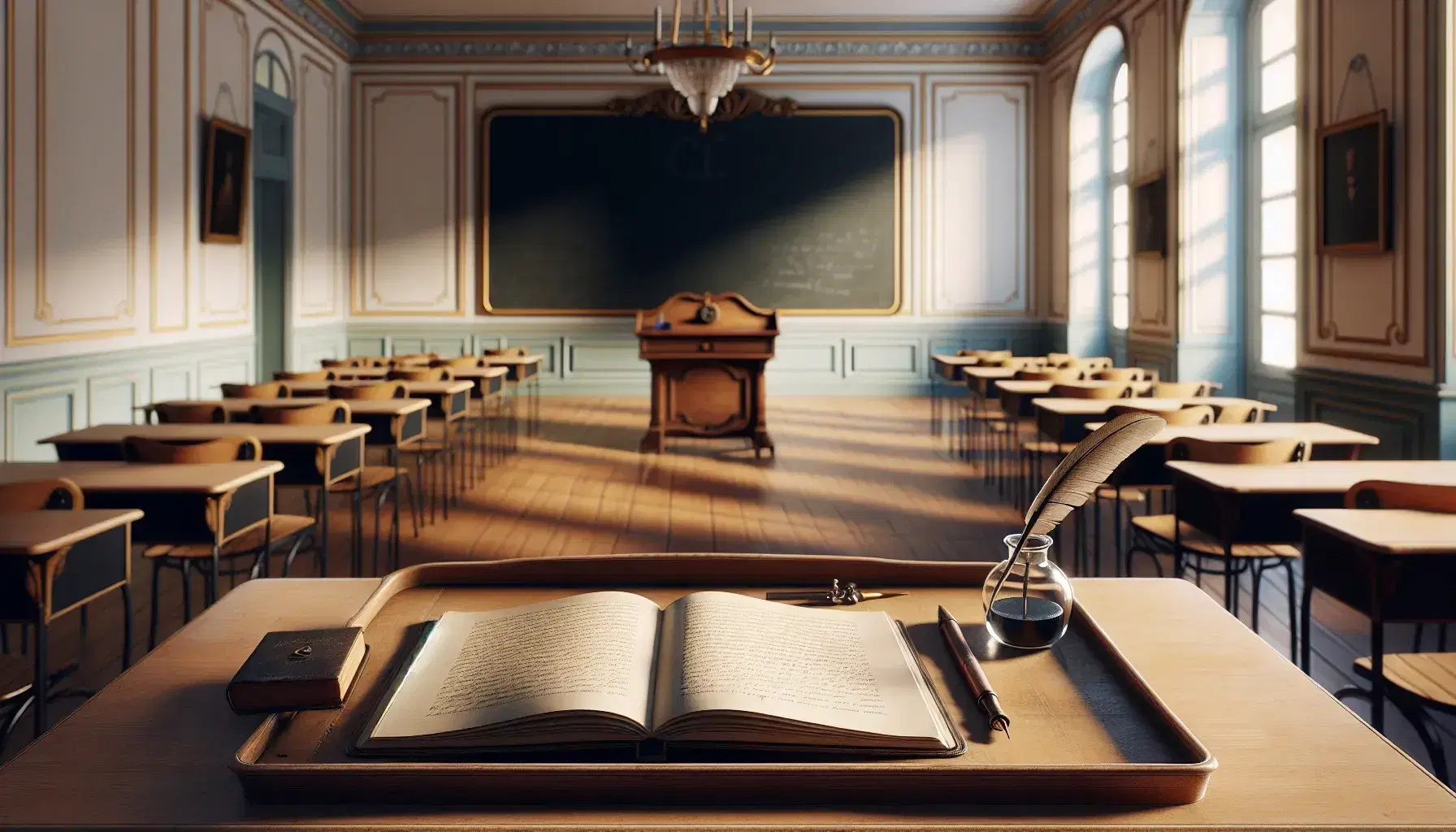 Traditional French classroom with a teacher's desk, quill pen, inkwell, and rows of student desks with books under soft natural light.