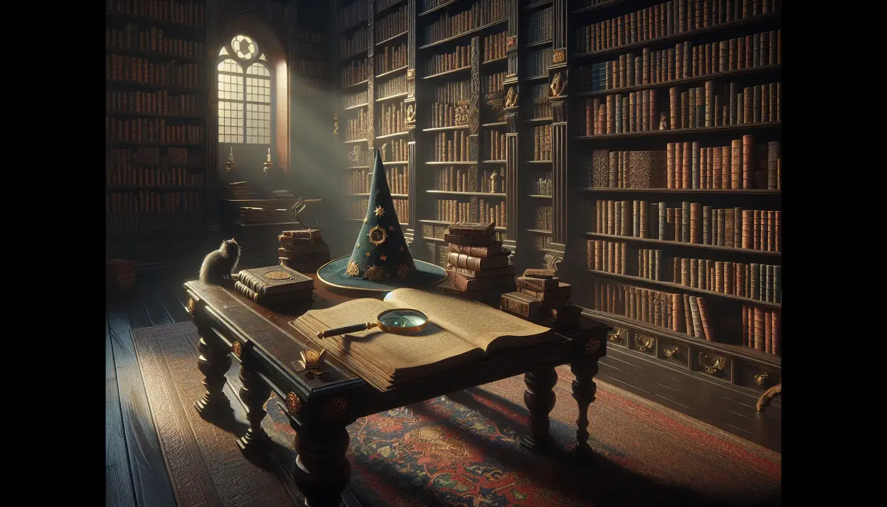 Biblioteca antica con scaffali in legno scuro, libri rilegati, scrivania con libro aperto e lente d'ingrandimento, cappello da mago, gatto grigio e farfalla.