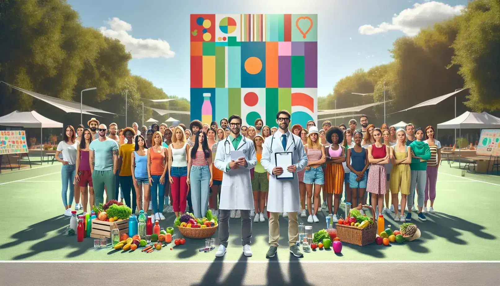 Grupo diverso sonriendo en evento de salud al aire libre con profesional médico, frutas y verduras frescas en mesa y equipo de ejercicio en primer plano.