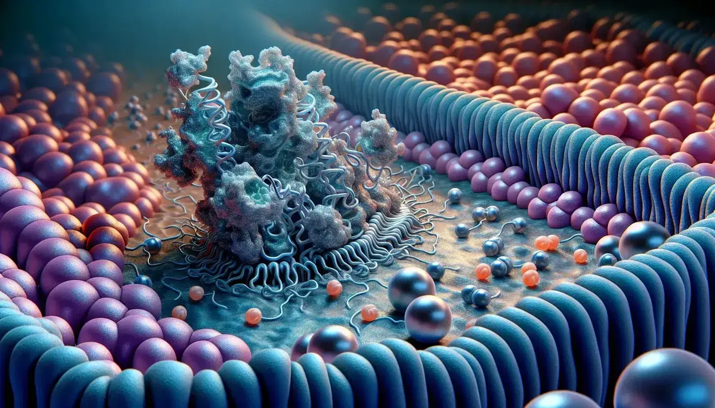 3D sodium-potassium pump embedded in the cell membrane with orange sodium and purple potassium ions ready for interaction.