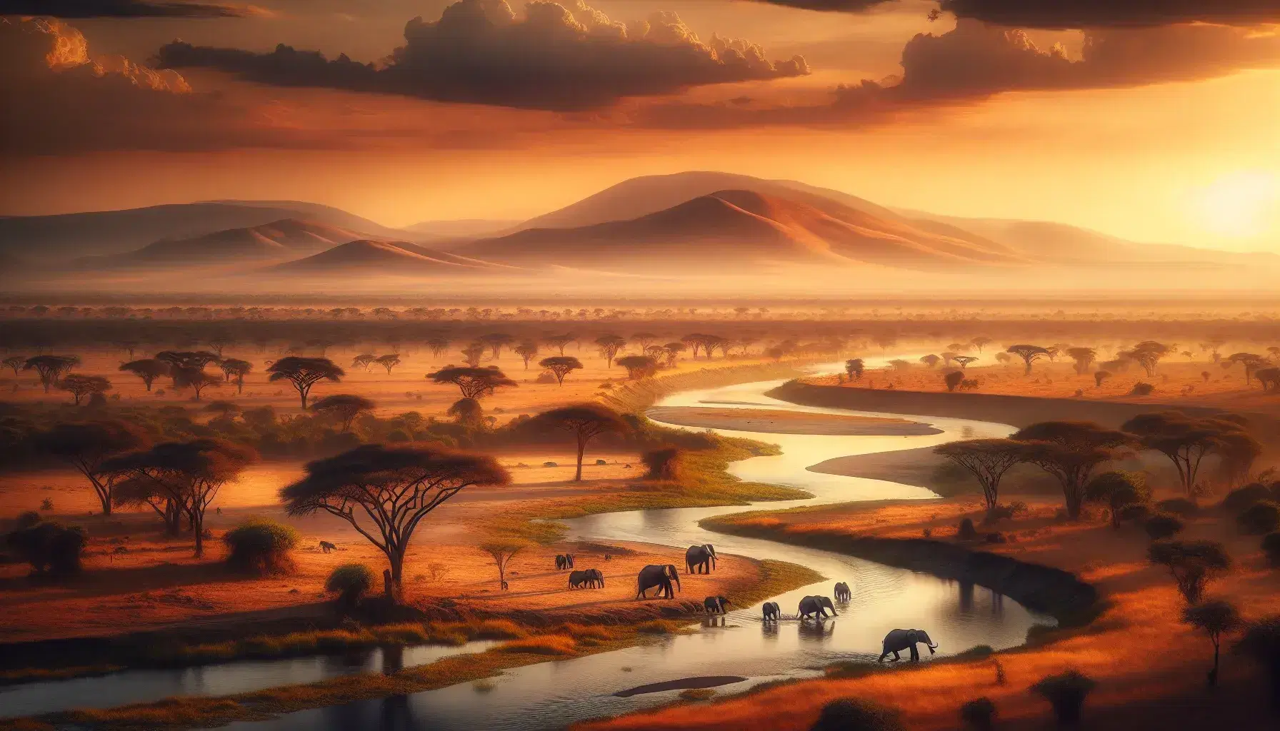 Golden sunset over the African savannah with hills on the horizon, serene river, acacia trees and a group of elephants near the water.