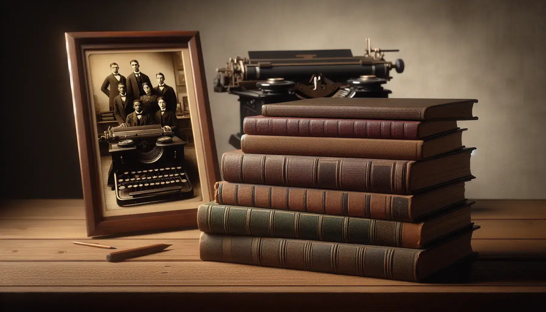 Stack of hardback books on a wooden table with a vintage typewriter and a black and white photo of a group of African Americans in period clothing.