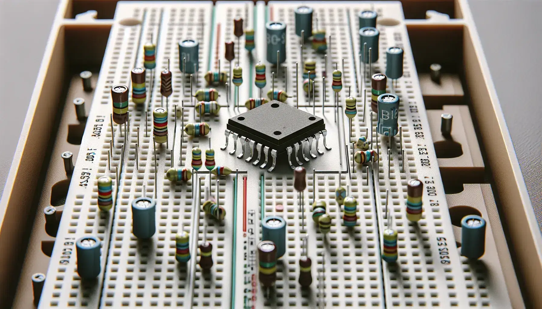 Close-up view of a difference amplifier circuit on a breadboard with an integrated circuit chip, resistors, capacitors, and connecting wires.