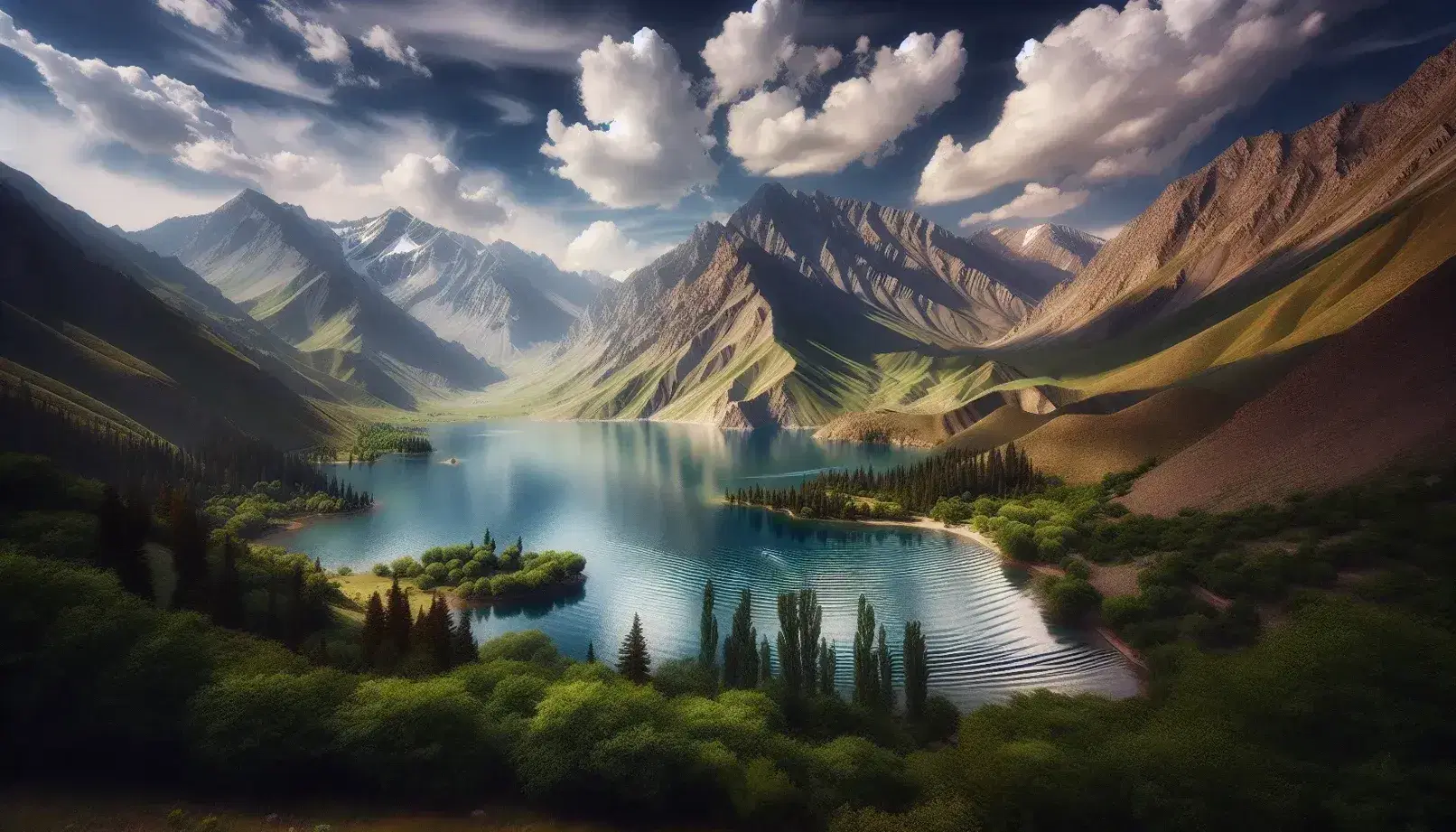 Panorama di un lago calmo con acque cristalline che riflettono il cielo azzurro e montagne innevate sullo sfondo.