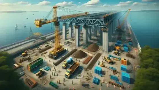Vista panorámica de obra de construcción de puente con grúa amarilla, trabajadores con cascos de seguridad y camión volcador en un día claro.