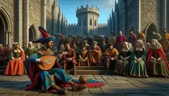 Bufón medieval tocando laúd para un público variado en un entorno gótico, vestidos con ropajes de época y reunidos en un castillo o iglesia antigua bajo un cielo despejado.