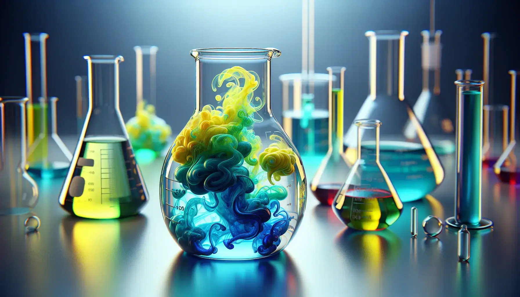 Glass flask on reflective surface with blue and yellow liquids mixing to form a green solution, surrounded by laboratory glassware.