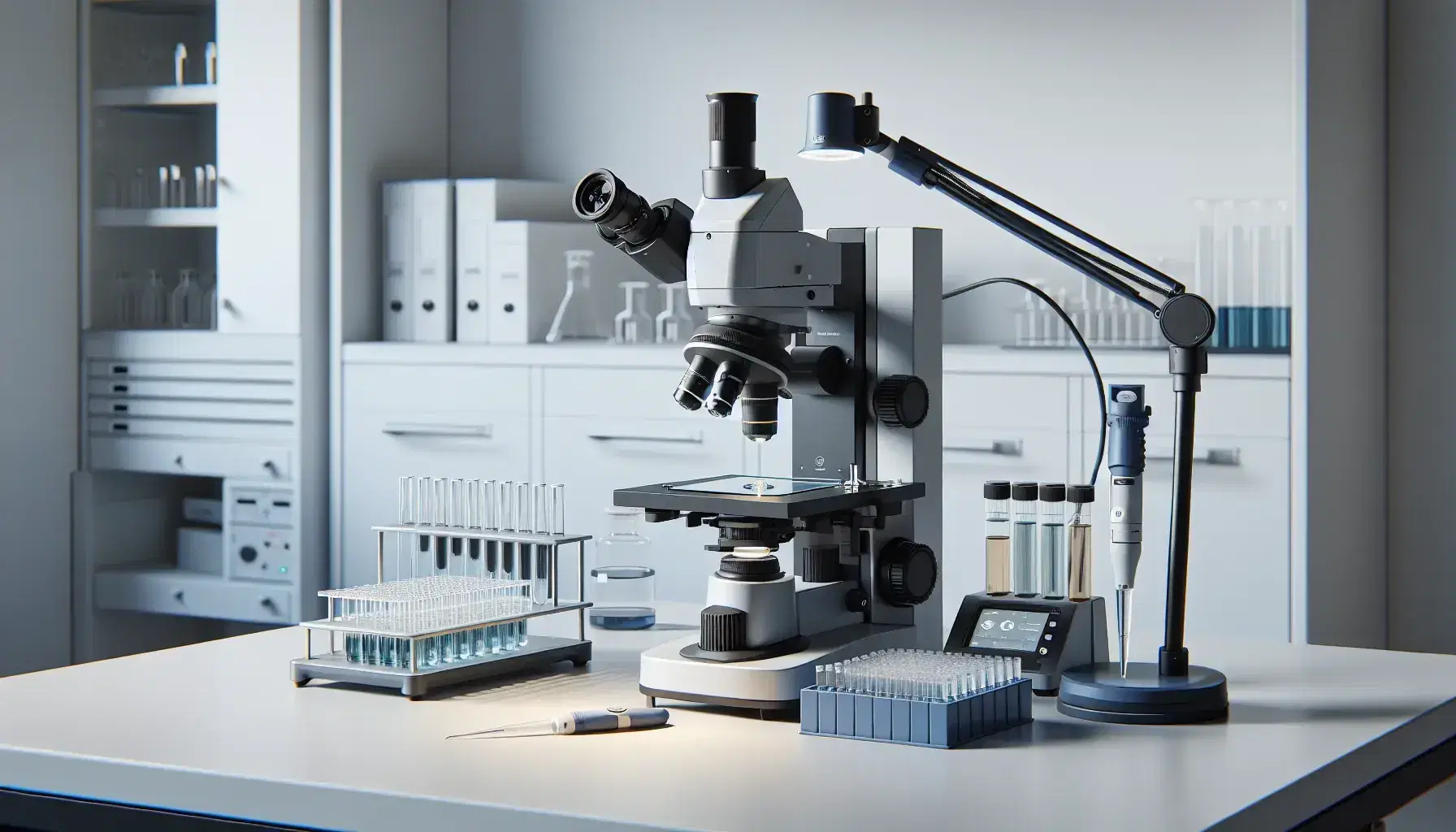 Microscopio elettronico su tavolo da laboratorio con vetrino, pipetta automatica e provette colorate, ambiente scientifico pulito.