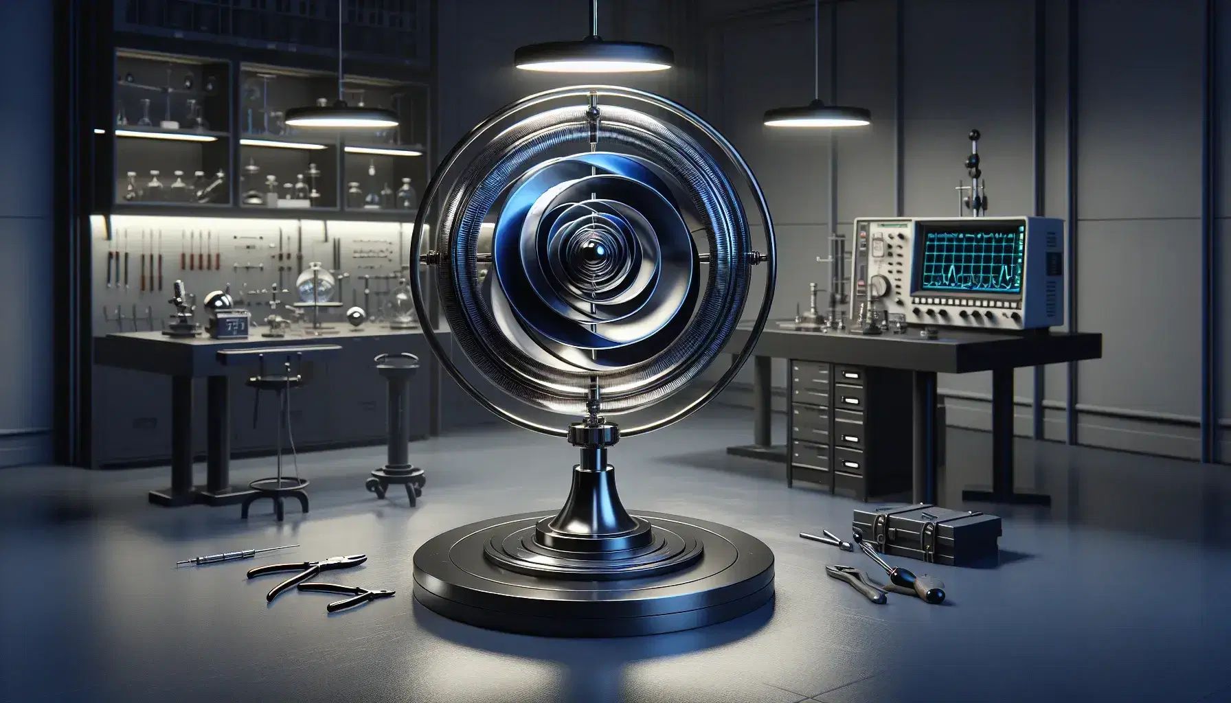 Laboratory with a spherical gyroscope on a stand, featuring concentric rings in blue, silver, and black, surrounded by tools and an oscilloscope.