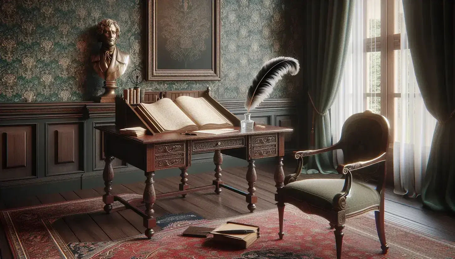 Victorian study room with antique desk, open book, feather quill, inkwell, high-backed chair, Persian rug, and bronze bust by window.