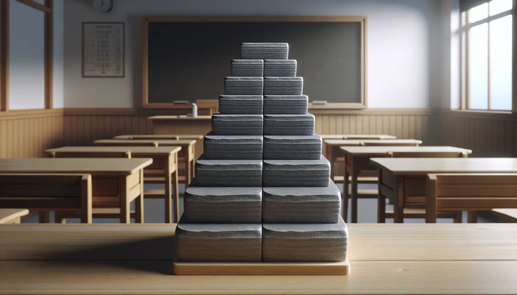 Stacked gray stone blocks in varying shades on a wooden table, with a blurred classroom and chalkboard in the background, evoke a serene academic setting.
