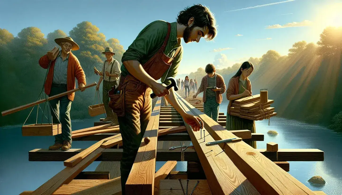 Gruppo multietnico collabora nella costruzione di un ponte di legno in ambiente naturale, con attrezzi da lavoro, sotto un cielo sereno.