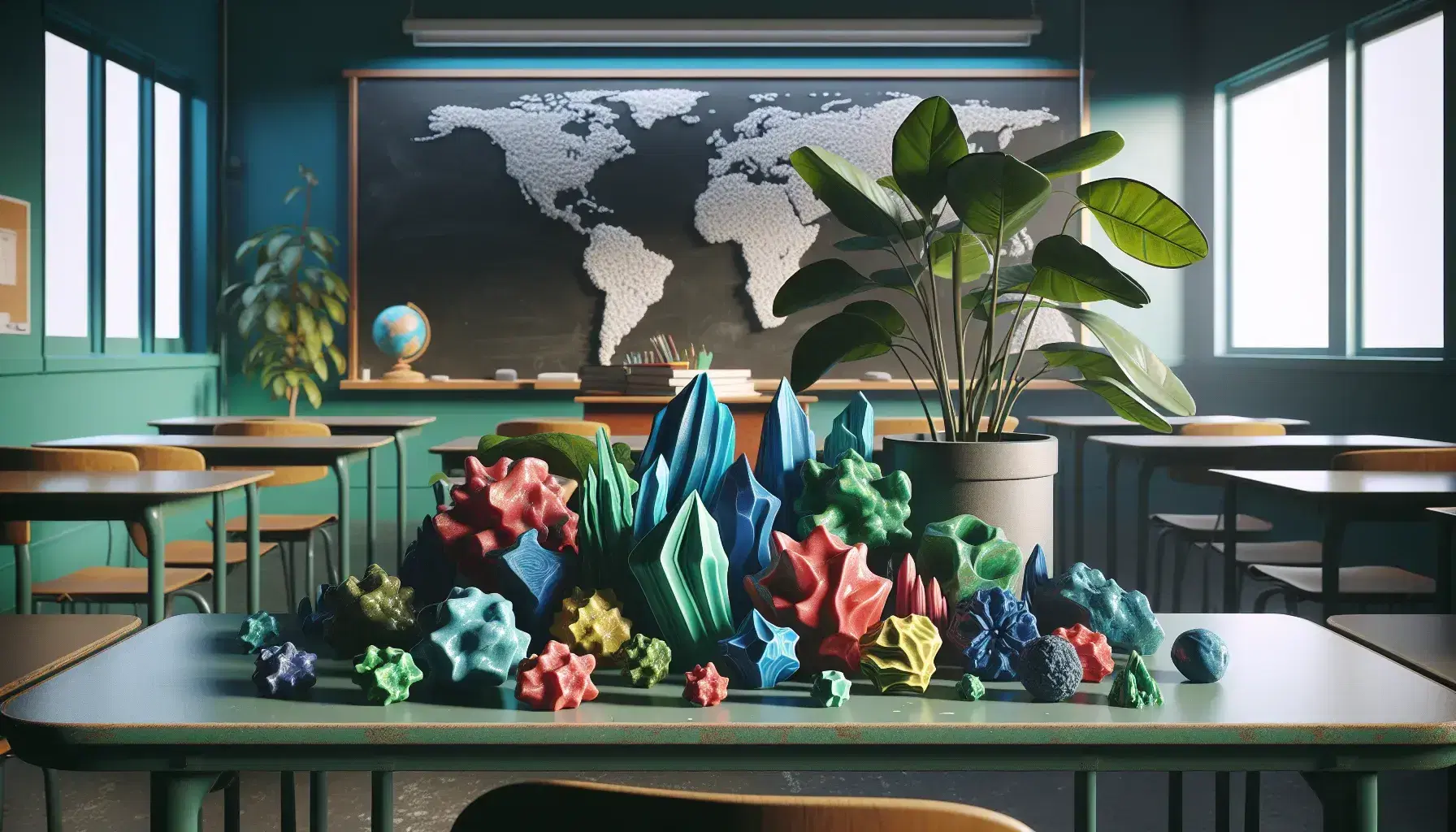 Colorful crystal-like objects on a teacher's desk in a classroom with a blank chalkboard, a lush potted plant, and a nondescript globe.