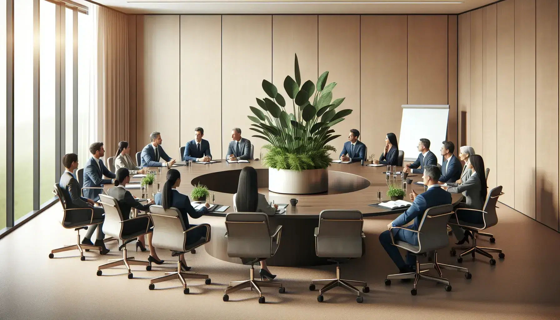 Grupo diverso de profesionales en reunión alrededor de una mesa ovalada con una planta verde, en una sala iluminada naturalmente con sillas azules y pizarra blanca al fondo.