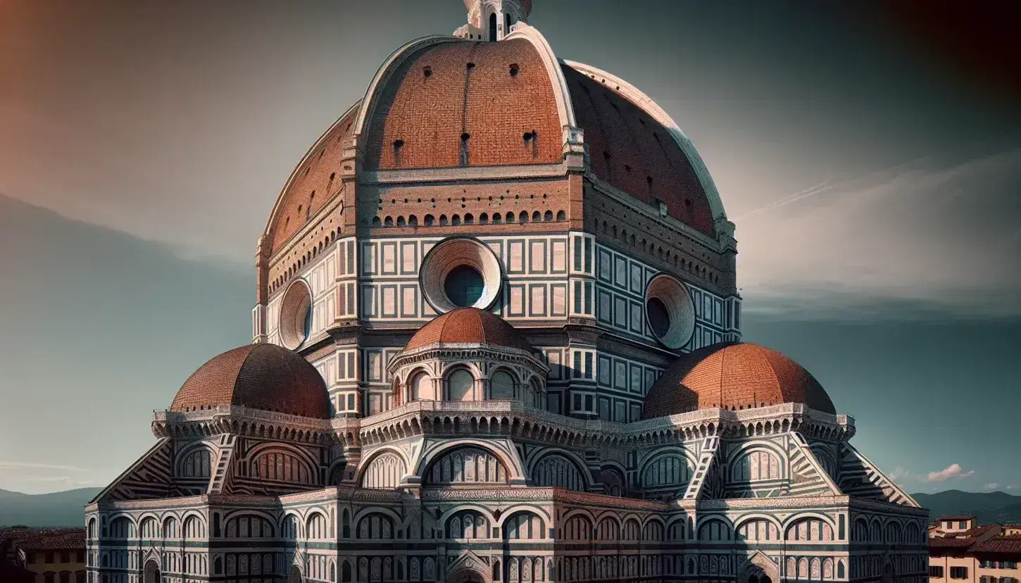 Cupola del Brunelleschi del Duomo di Firenze con costoloni in pietra, fianco navata marmorea e cielo azzurro, senza segni moderni.